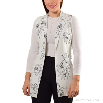 ARNALDO WOMENSWEAR Women's Floral Print Sleeveless Open Front Regular Fit Linen Look Casual Strech Blazer Work All Day Vest