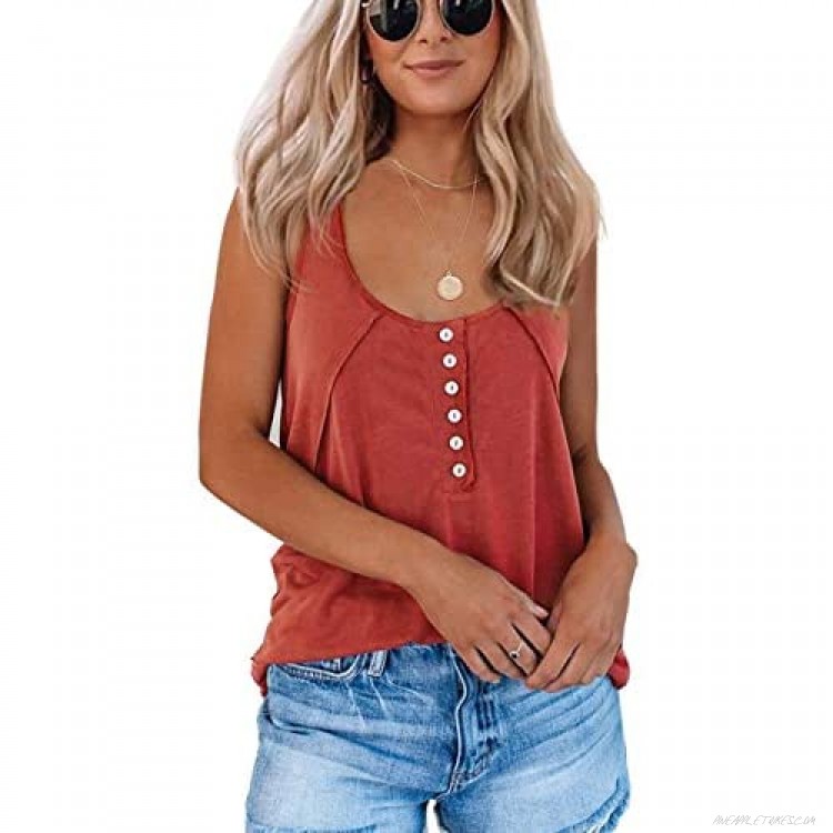 ECOWISH Women Sleeveless Solid Color Button Scoop Neck Tank Tops Summer Casual Classic Basic Vest Shirts