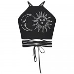 ENLACHIC Women's Halter Cross Hollow Boho Bandage Print Camis Crop Top Vest