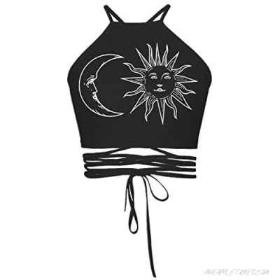 ENLACHIC Women's Halter Cross Hollow Boho Bandage Print Camis Crop Top Vest