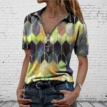 FUNEY Womens Lapel Geometric Print Zipper Tshirt Blouse Fashion Casual Long Sleeve Plus Size Oversized Cozy Tunic Tops Tee