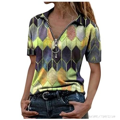 FUNEY Womens Lapel Geometric Print Zipper Tshirt Blouse Fashion Casual Long Sleeve Plus Size Oversized Cozy Tunic Tops Tee