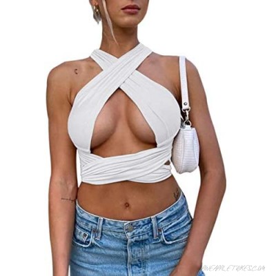 Meladyan Women’s Sexy DIY Wrapped Cross Halter Neck Crop Tank Solid Ruched Strapless Backless Tube Bandeau Crop Tops