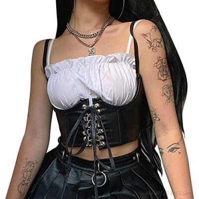Women's Gothic Punk PU Leather Chest Support Vest Black Bustier Crop Top Metal Buckle Corset Top