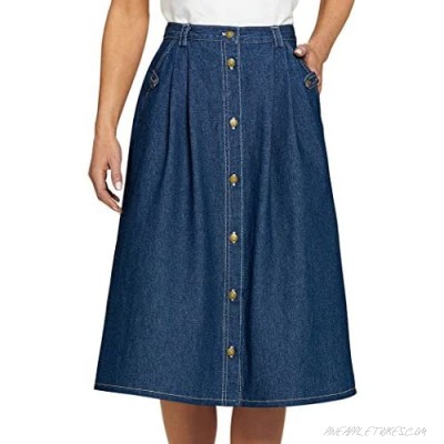 AmeriMark Women's Denim Button-Front Skirt – Cotton Midi Skirt w/Elastic Waist Dark Denim 14 Misses