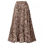 CHARTOU Womens Chic Elastic High Waisted A Line Leopard Print Pleated Shirring Midi-Long Skirt