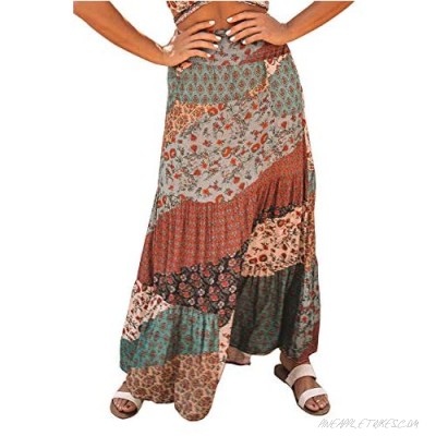 Happy Sailed Womens Boho Floral Print Elastic High Waist Pleated Ruffles Swing Long Skirts S-XL