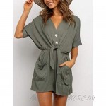 BCOFUI Women One Piece Short Sleeve Jumpsuits Button Down Baggy Tie Front Rompers