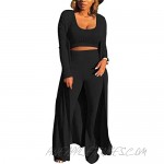 Molisry Women Sweater Ribbed 3 Piece Outfits Solid Long Kimono Cardigan Cover Up Tank Crop Top and Bodycon Pants Set
