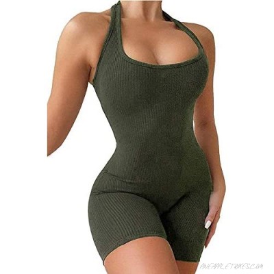 Women’s Sleeveless Halter Jumpsuits One Piece Solid Color Ribbed Backless Bodycon Romper