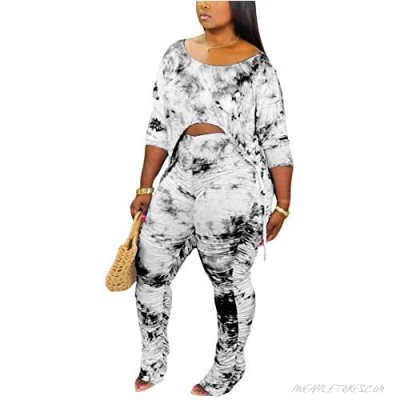 Womens Tie-Dyed Printing Long Sleeve Irregular Top Shirt + Stacked Pants Set 2 Piece Outfit