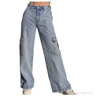 Ladyful Women's Wide Leg Denim Cargo Pant Straight Leg Multi Pockets Work Jeans Trouser