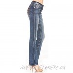 Miss Me Women's Mid-Rise Slim Boot Cut Jeans with Orange and Blue Vine Embellishments - 32 Inseam