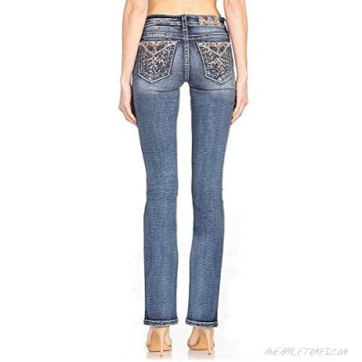 Miss Me Women's Mid-Rise Slim Boot Cut Jeans with Orange and Blue Vine Embellishments - 32" Inseam