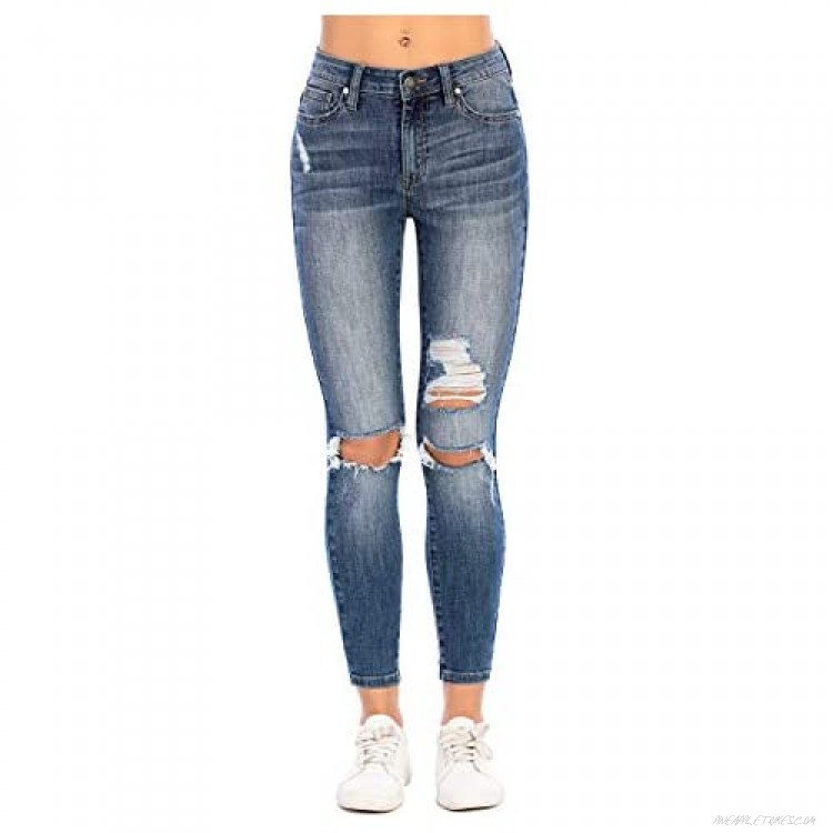 RCCIENTLE ST3018 Women's Skinny Mid Rise Comfy Stretchy Denim Distress Jeans 5-Pocket YKK Zipper Closure Classical Blue
