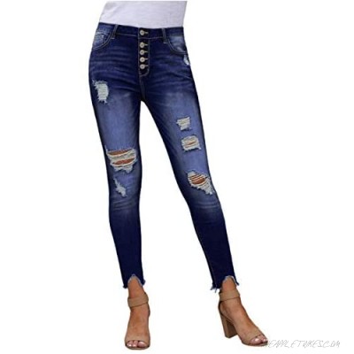 roswear Women's Button Fly Frayed Ankle High Rise Ripped Skinny Jeans