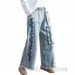 SCOFEEL Women's Embroidered Wide-Leg Jeans Baggy Denim Pants with Frayed Hem