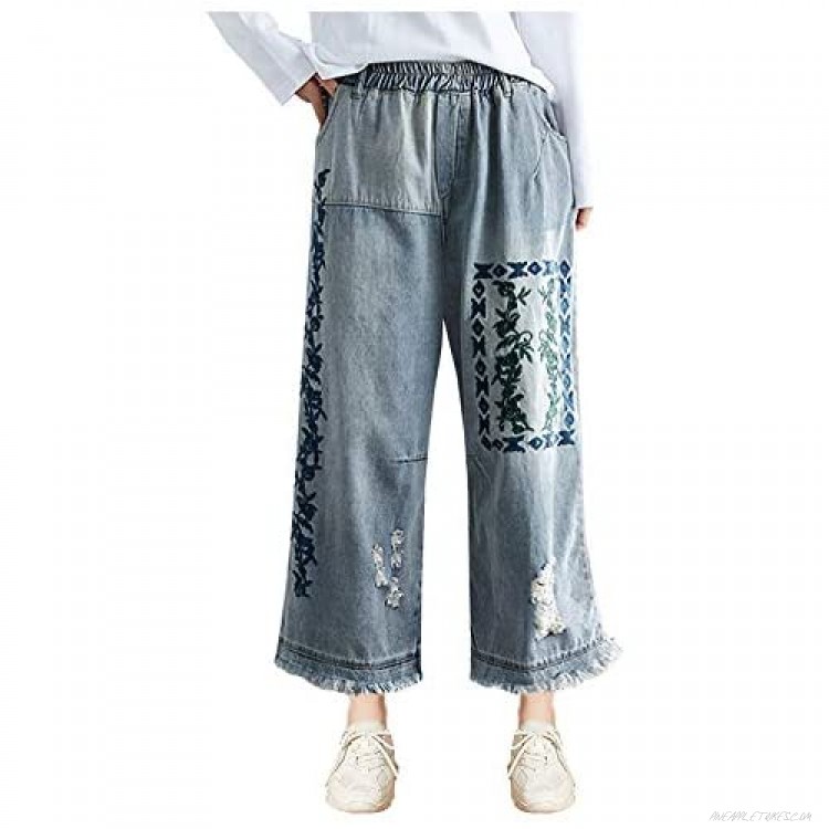 SCOFEEL Women's Embroidered Wide-Leg Jeans Baggy Denim Pants with Frayed Hem