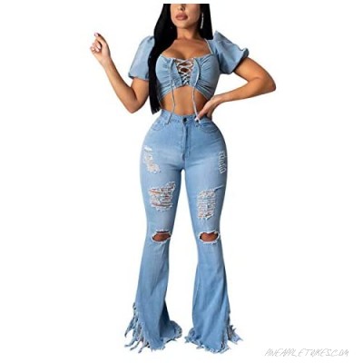Women Bell Bottom Jeans Ripped High Waist Classic Flared Pants Stretch Curvy Fit Jeans Blue (Light Blue XL)
