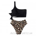 Balakie Women's Retro Leopard Two Pieces Swimsuit Knot Front Bikini Crop Tops High Waist Bottom Bathing Suit Beachwear