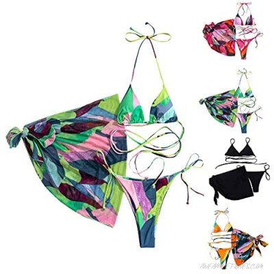 Fankle Women's Sexy Color Block Halter Tie Side Bikini Bathing Suits with Cover Up Beach Skirt 3 Piece Swimsuits