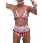 HUUSA Womens High Waist Two Pieces Bikini Set Stripe Tassel Padded Swimsuit Fashion Swimwear