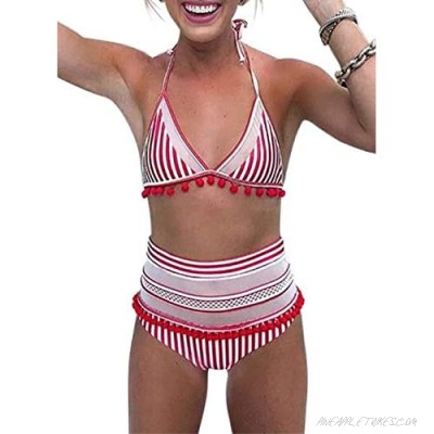 HUUSA Womens High Waist Two Pieces Bikini Set Stripe Tassel Padded Swimsuit Fashion Swimwear
