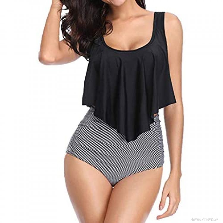 Rambling 2019 New Switmsuit for Women Two Pieces Bathing Suits Top Ruffled Racerback with High Waisted Bottom Tankini Set