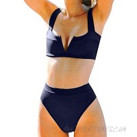 TSWRK Women's High Waisted Wide Straps V-Neck Padded Solid Two Piece Bandeau Bikini Set Swimsuit