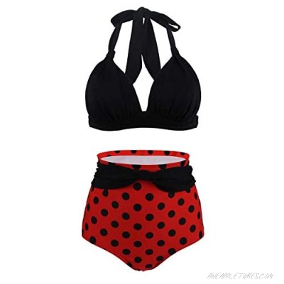Womens Retro High Waisted Bowknot Halter Polka Dot Bikini Set Triangle Top Embellished Bottom 2 Piece Swimsuit Bathing Suits