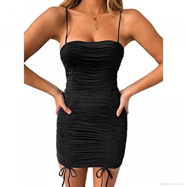 Cinyifaan Women Sexy Spaghetti Strap Sleeveless Ruched Drawstring Bodycon Mini Club Dress