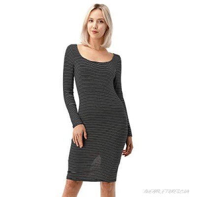 CULTURE CODE Women's Midi Dress - Casual Long Sleeve Slim Fitted Sexy Bodycon Striped Scoop Neck Stretch One Piece