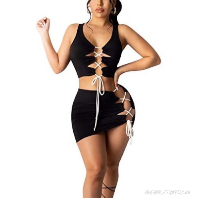Womens 2 Pcs Bandage Mini Skirt Set Sleeveless Lace Up Crop Tank Top Hollow Out Bodycon Dress Clubwear Party Beachwear