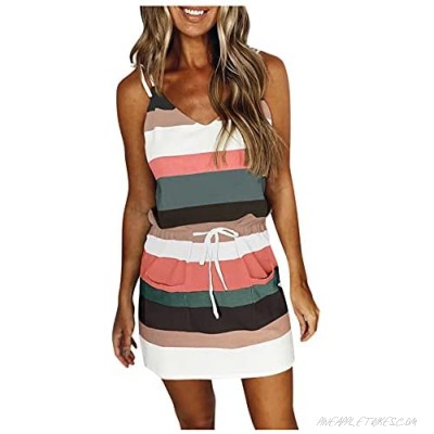 Women's Fashion Summer Casual V-Neck Short Sleeve Dresses Strap Open Back Sexy Print Tie Waist Mini Dress with Pockets