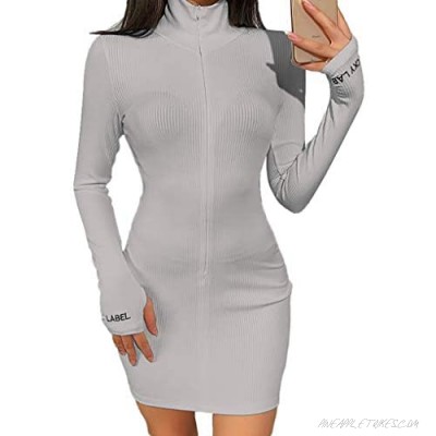 Womens Sexy Bodycon Long Sleeve Dress - High Neck Split Long Sleeve Stripe Mini Dress Clubwear
