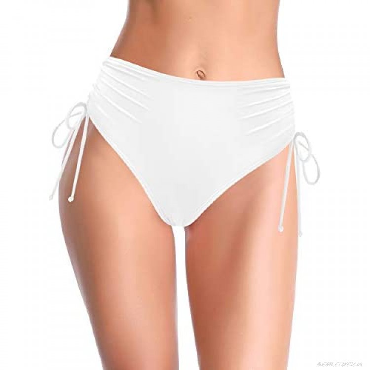 SHEKINI Women's Ruched High Waisted Bikini Bottom Drawstring Swim Bottoms