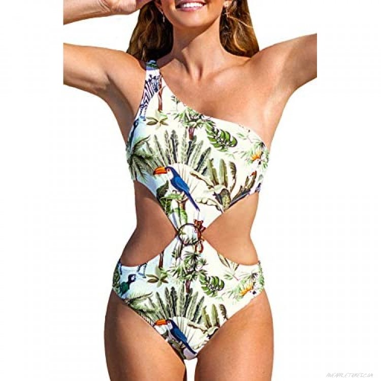 CUPSHE Women's One Piece Swimsuit Leaf Print One Shoulder Cutout Bathing Suit