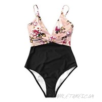 CUPSHE Women's Pink Blossom Floral V Neck High Leg One-Piece Swimsuit