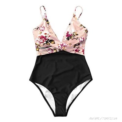 CUPSHE Women's Pink Blossom Floral V Neck High Leg One-Piece Swimsuit