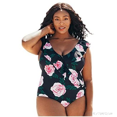 CUPSHE Women's Romantic Floral Ruffles V Neck Plus Size One Piece Swimsuit