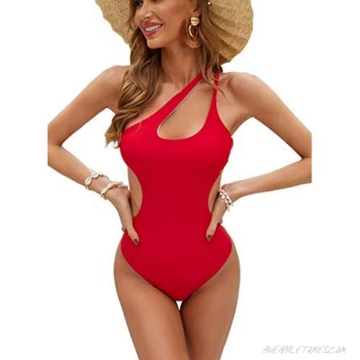 Husmeu Women's One Shoulder One Piece Swimsuit Asymmetry Cheeky Monokini Cut Out Swimwear Slimming Bathing Suit