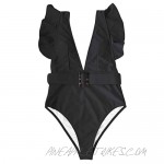 JASASCCEL Women Ruffles Flounce Swimsuit Sexy Deep V Neck Plunge Bathing Suit Monokini with Belt