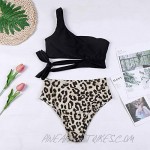 papasgix Womens High Waisted Bikini One Shoulder Leopard Printing High Cut Tie Knot Two Pieces Bathing Suits