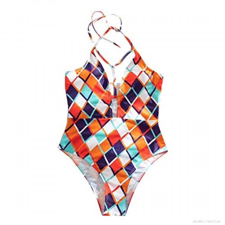 SOLY HUX Women's Halter Cut Out Geometric Print Monokini One Piece Swimsuit Bathing Suit