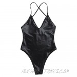 zdhoor Women's Shiny Metallic Cross Back V Neck Thong Monokini Bodysuit One Piece Swimsuit Bathing Suit