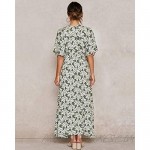 Aliling Women's Short Sleeve V Neck Floral Print Party Dresses Bohemian Beach Maxi Long Dress