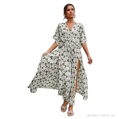 Aliling Women's Short Sleeve V Neck Floral Print Party Dresses Bohemian Beach Maxi Long Dress