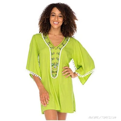 Back From Bali Womens Boho Beaded Loose Fit Tunic Dress V-Neck Top Cape Sleeves Bohemian Loose Swimsuit Cover Up