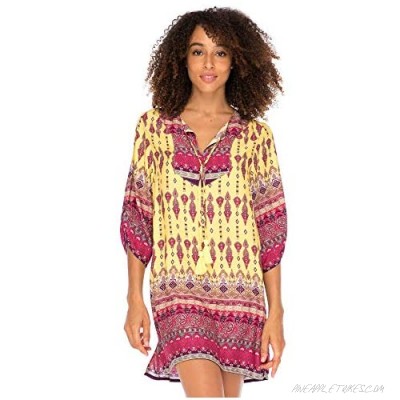 Back From Bali Womens Boho Vintage Print Loose Fit Tunic Dress V-Neck with Tassel Ties Casual Bohemian Swimsuit Cover Up