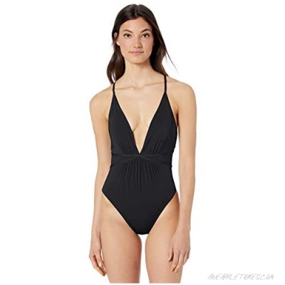 BCBGMAXAZRIA Women's Plunging V-Neckline Shirred Solid Color One Piece Swimsuit